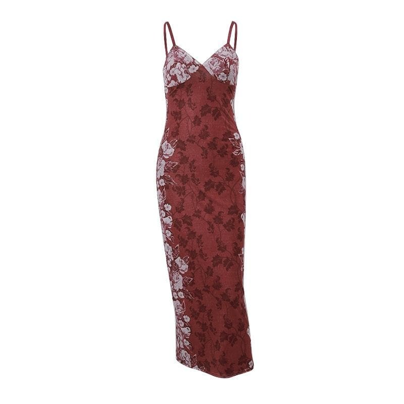 Flower Print V-Neck Backless Mesh Contrast Cami Midi Dress - Y2K & Coquette Aesthetic