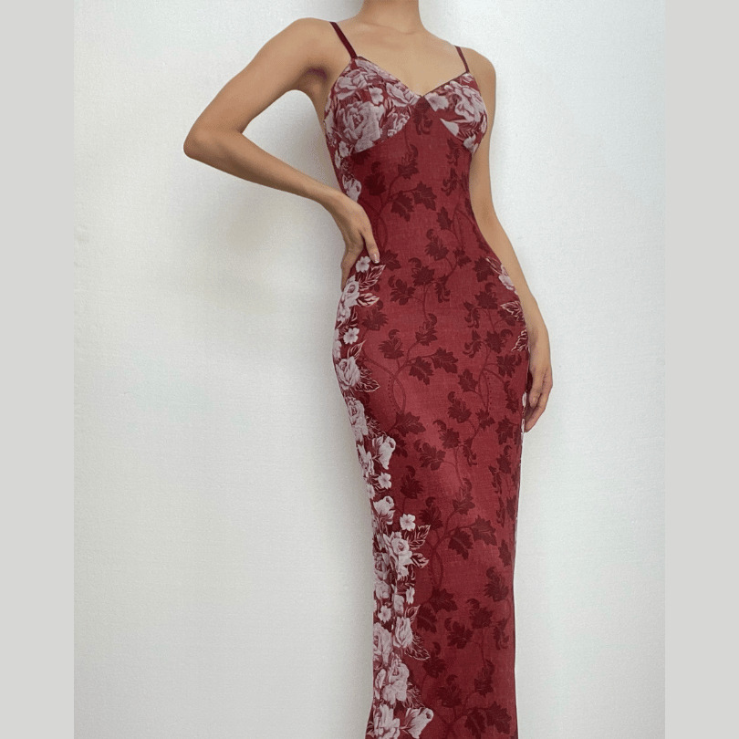 Flower Print V-Neck Backless Mesh Contrast Cami Midi Dress - Y2K & Coquette Aesthetic