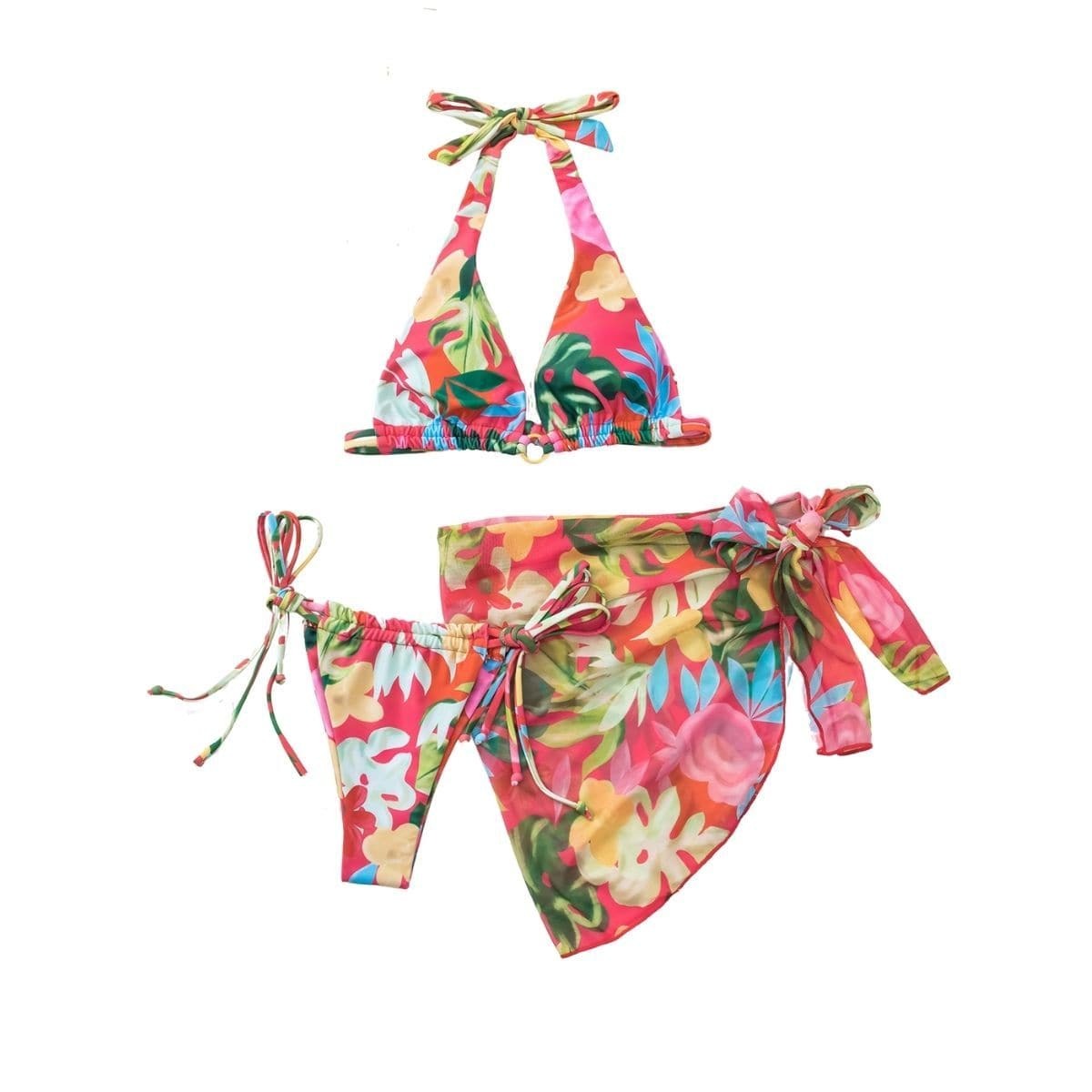 Flower Print Y2K Aesthetic 3-Piece Mesh Swimwear Set with Drawstring Halter & Backless Design