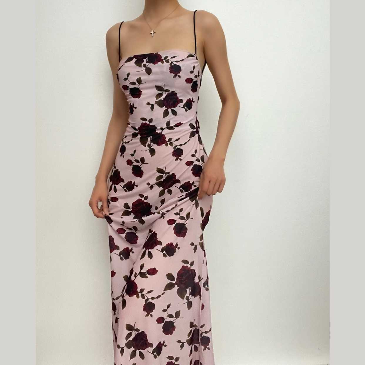 Flower Print Y2K Aesthetic Backless Midi Dress with Lace-Up Detail for Cute Outfits