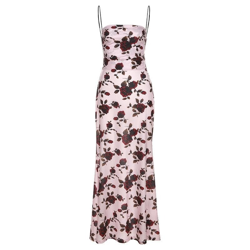 Flower Print Y2K Aesthetic Backless Midi Dress with Lace-Up Detail for Cute Outfits