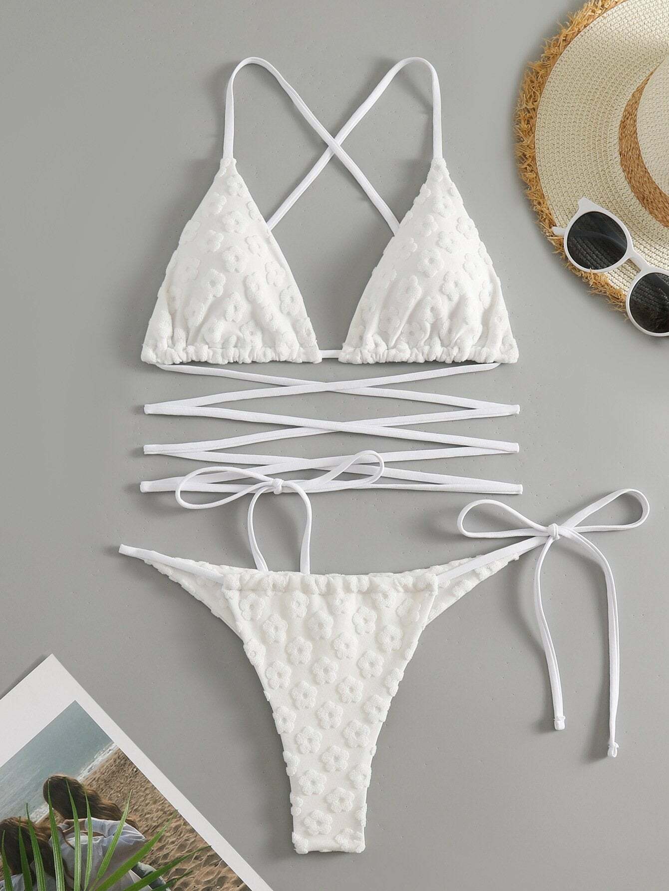 Flower Textured Solid Cross Back Self Tie Bikini - Y2K Aesthetic Swimwear for Summer Fun