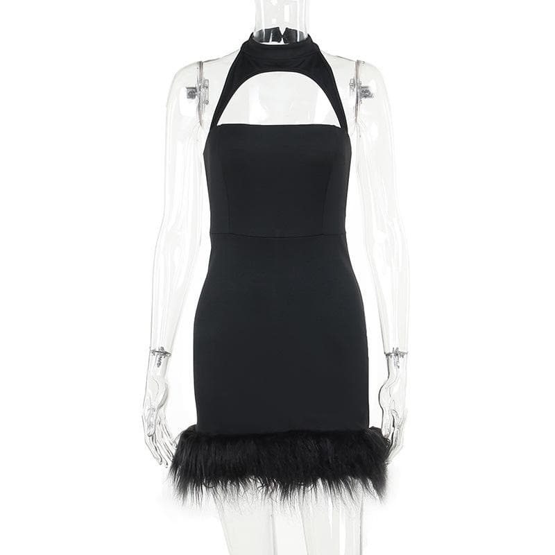 Fluffy Backless Mini Dress with Hollow Out Halter and Button Detail - Y2K Coquette Aesthetic