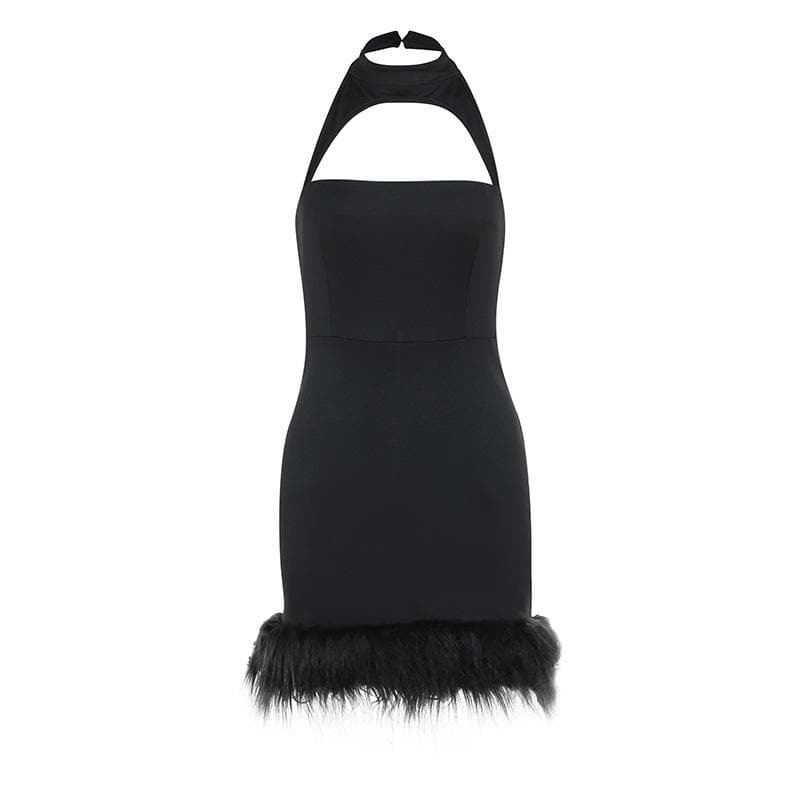 Fluffy Backless Mini Dress with Hollow Out Halter and Button Detail - Y2K Coquette Aesthetic