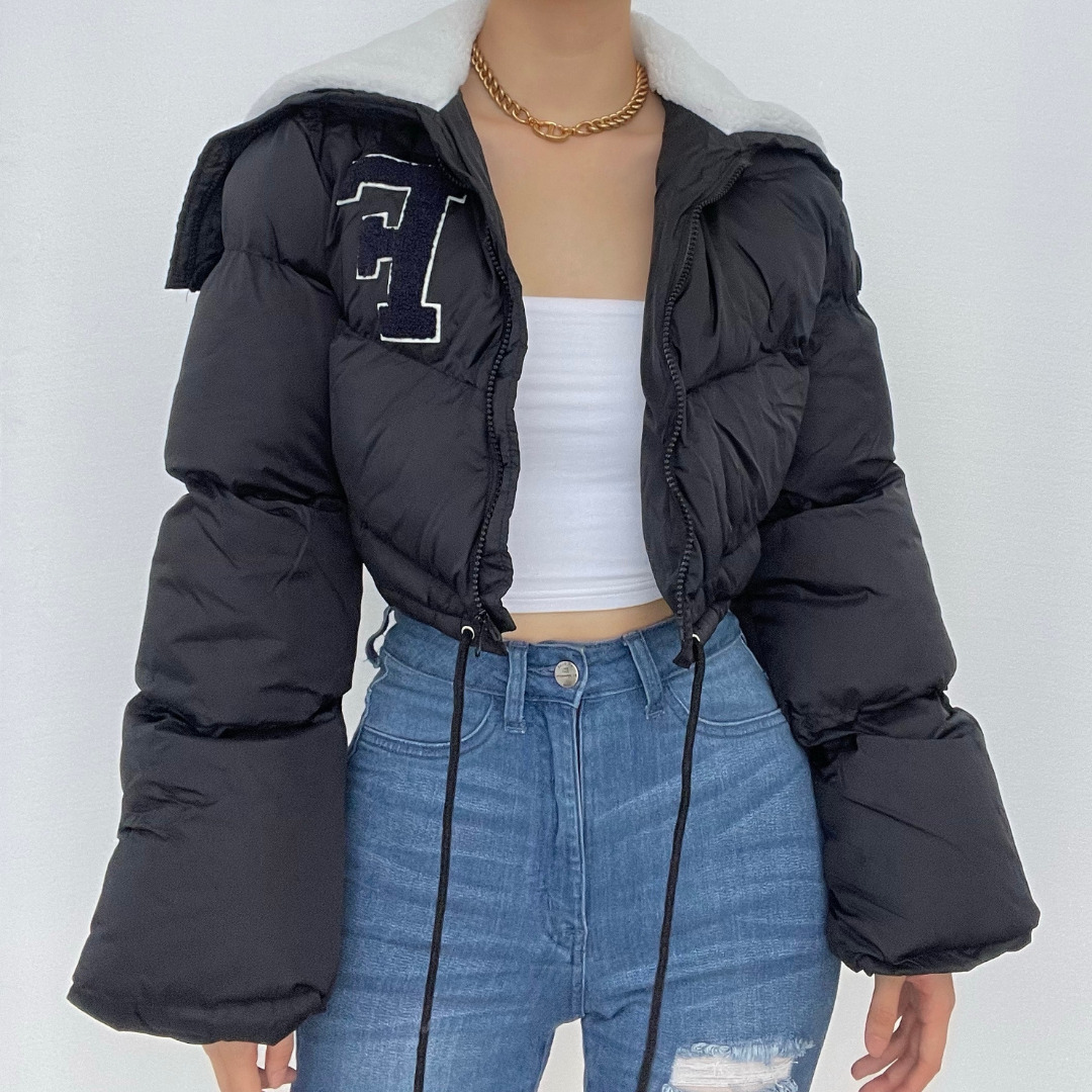 Fluffy Embroidery Drawstring Zip-Up Coat with Turnover Collar for Y2K and Coquette Aesthetic