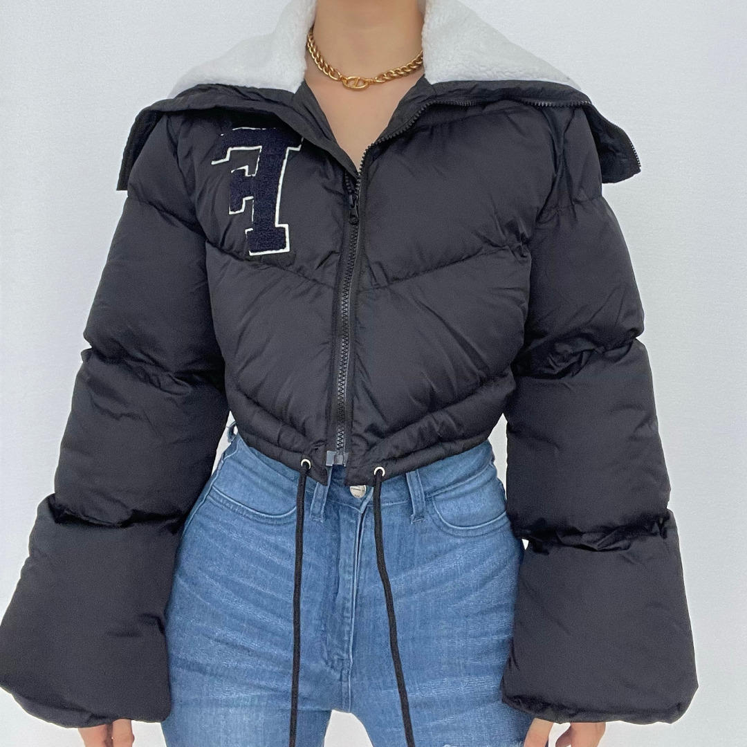 Fluffy Embroidery Drawstring Zip-Up Coat with Turnover Collar for Y2K and Coquette Aesthetic