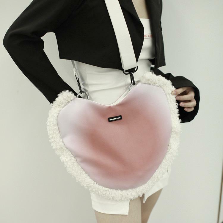 Fluffy Heart Contrast Plaid Shoulder Handbag - Y2K Aesthetic, Coquette Style, Cute Accessory