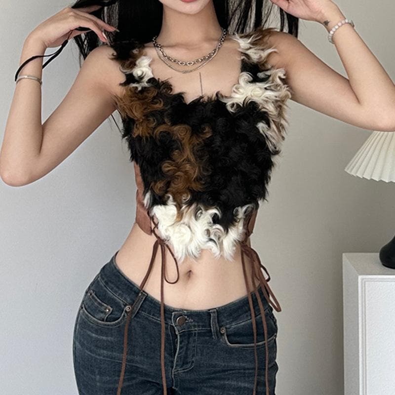 Fluffy Lace-Up Backless Crop Top - Y2K Aesthetic Cute Top for Coquette & Grunge Styles