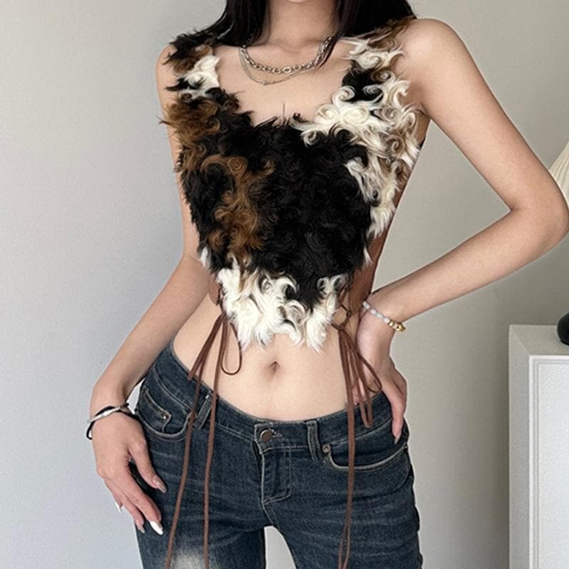 Fluffy Lace-Up Backless Crop Top - Y2K Aesthetic Cute Top for Coquette & Grunge Styles