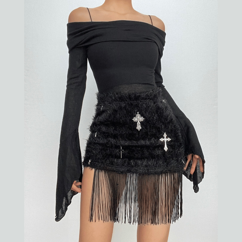 Fluffy Mini Skirt with Tassels and Cross Applique - Y2K Grunge Aesthetic Fashion