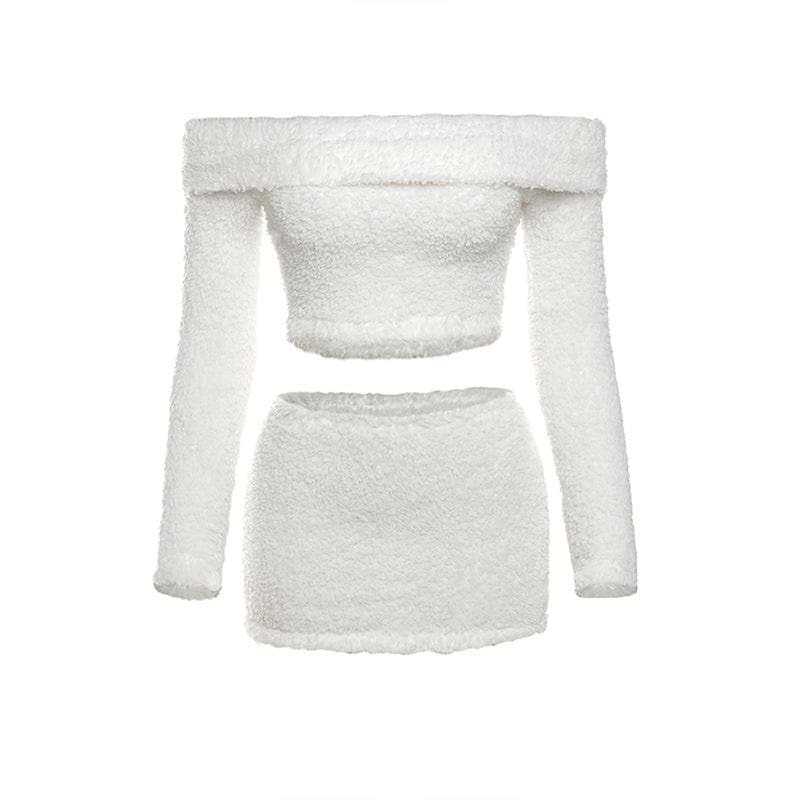 Fluffy Off-Shoulder Long Sleeve Mini Skirt Set - Y2K Aesthetic Cute Top & Skirt Outfit