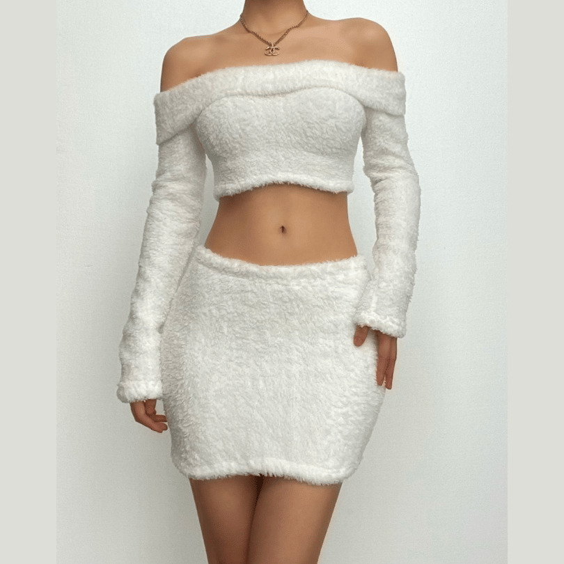 Fluffy Off-Shoulder Long Sleeve Mini Skirt Set - Y2K Aesthetic Cute Top & Skirt Outfit