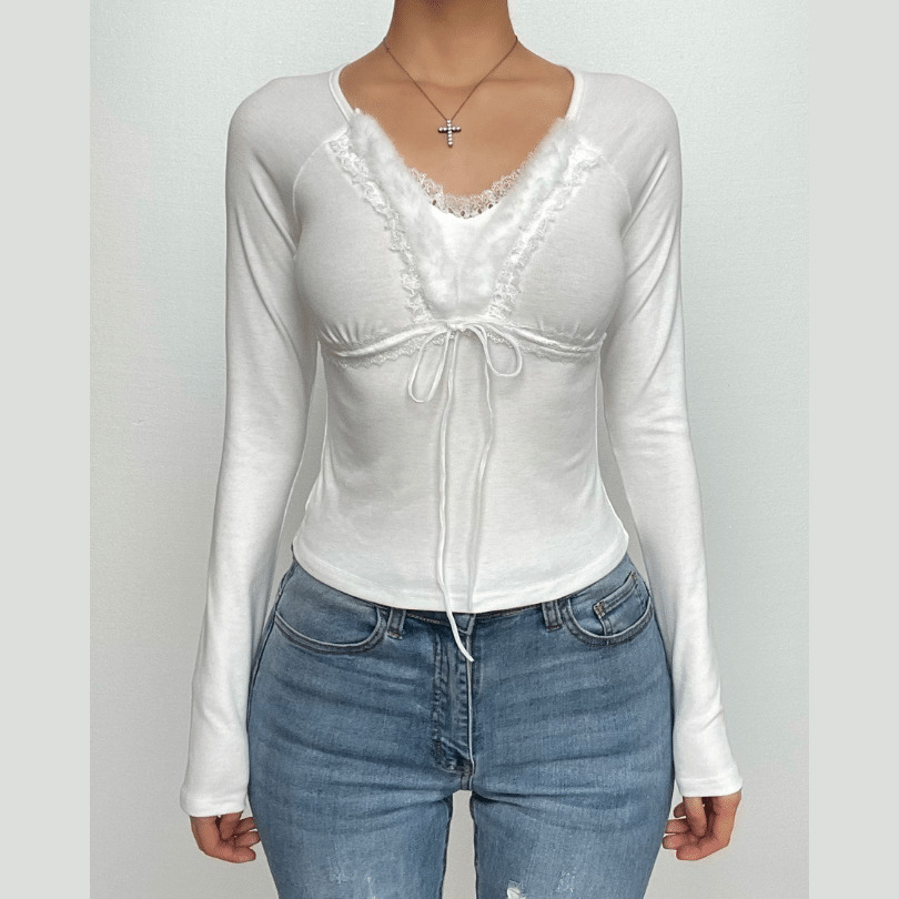 Fluffy Patchwork Long Sleeve Self-Tie Top - Y2K Aesthetic Cute Crop for Coquette Style