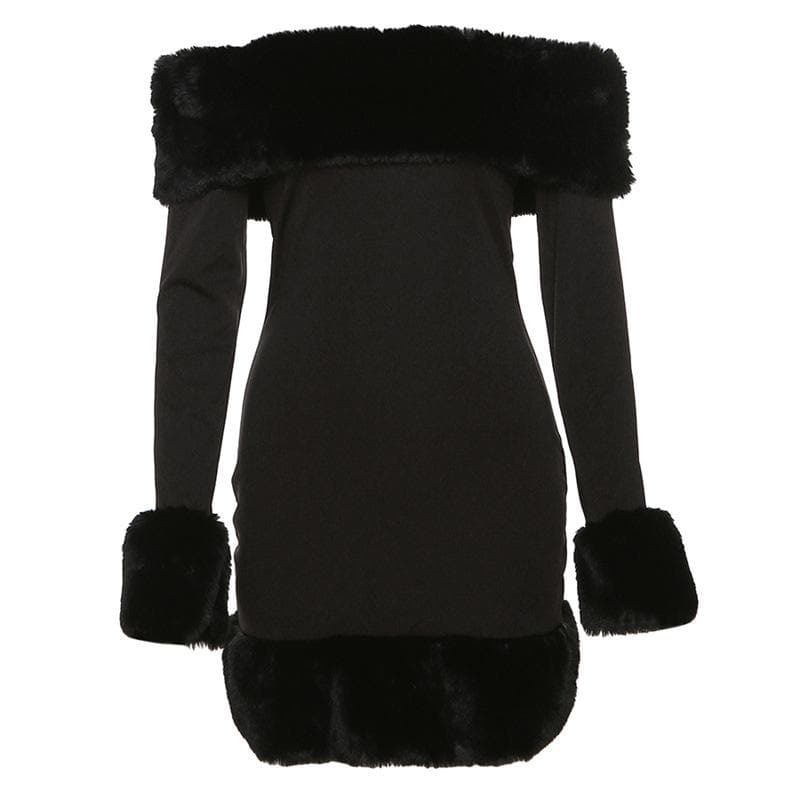 Fluffy Patchwork Off-Shoulder Mini Dress - Y2K Aesthetic, Coquette Style, Cute Fashion