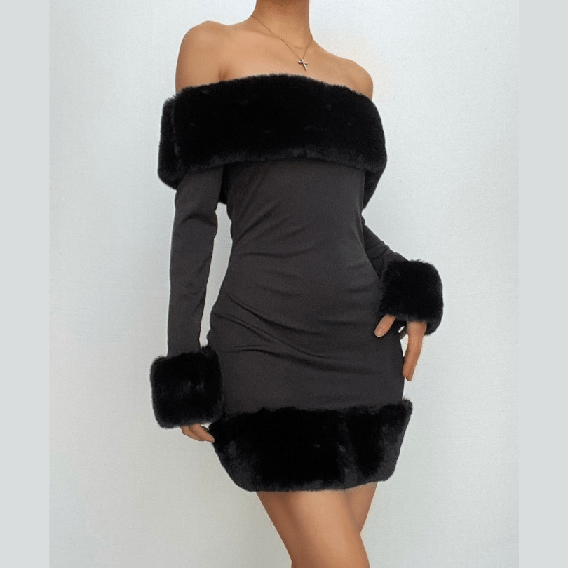 Fluffy Patchwork Off-Shoulder Mini Dress - Y2K Aesthetic, Coquette Style, Cute Fashion