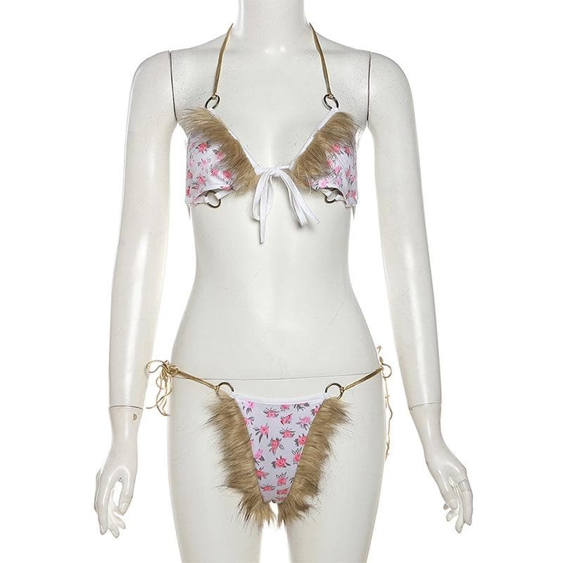 Fluffy Self-Tie Halter O-Ring Flower Print Pant Set - Y2K Coquette Aesthetic Outfit
