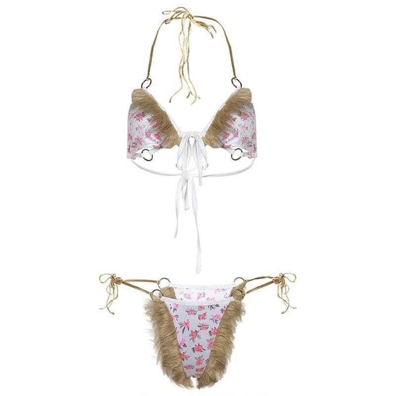 Fluffy Self-Tie Halter O-Ring Flower Print Pant Set - Y2K Coquette Aesthetic Outfit