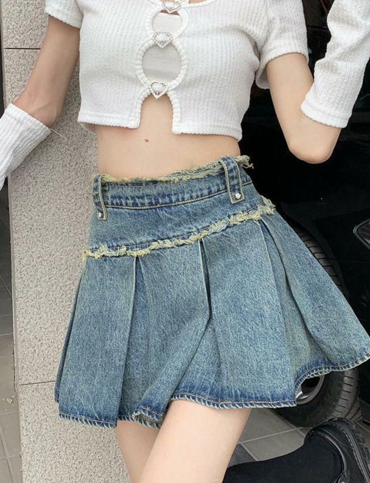 Frayed Trim Pleated Denim Skirt - Y2K Aesthetic, Grunge Style, Cute & Comfy Fashion Essential