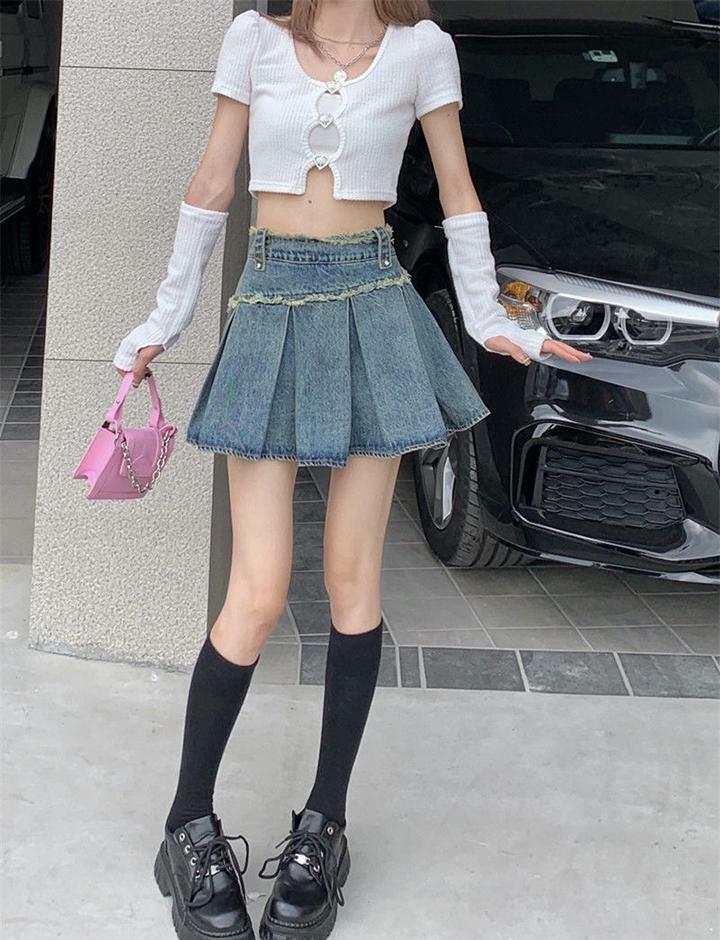 Frayed Trim Pleated Denim Skirt - Y2K Aesthetic, Grunge Style, Cute & Comfy Fashion Essential