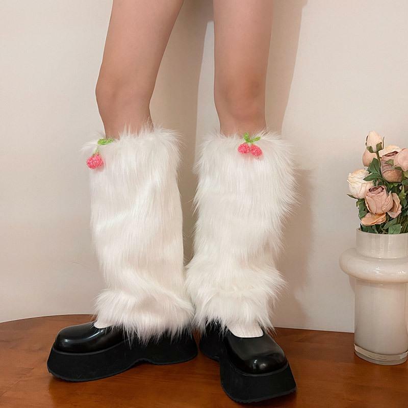 Furry Cherry Decor Leg Warmers - Y2K Aesthetic, Cute Cozy Accessories for Fall Fashion