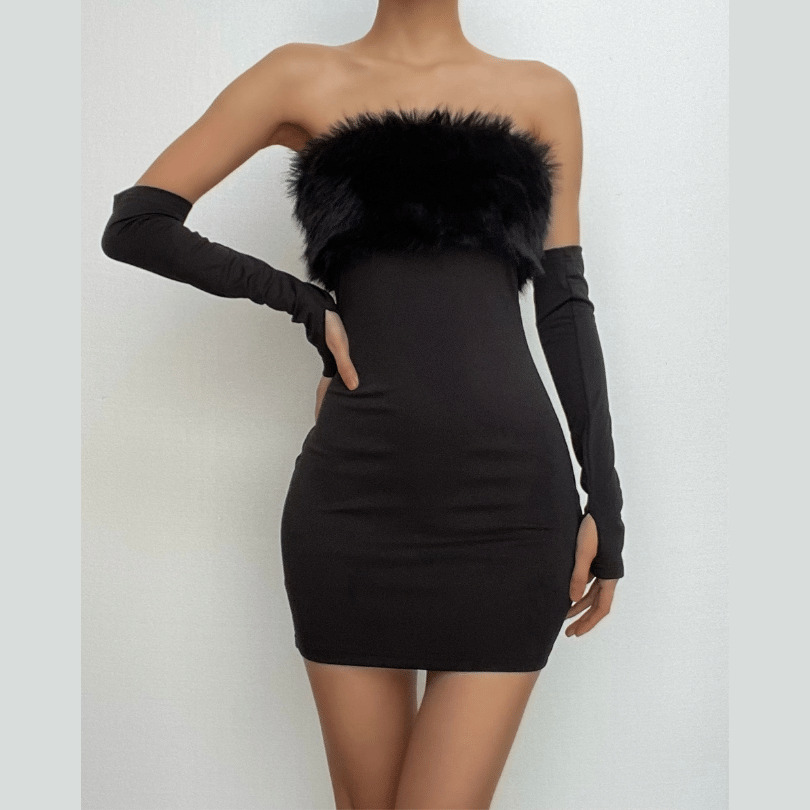 Furry Gloves & Solid Backless Tube Mini Dress - Y2K Fashion Meets Coquette Aesthetic