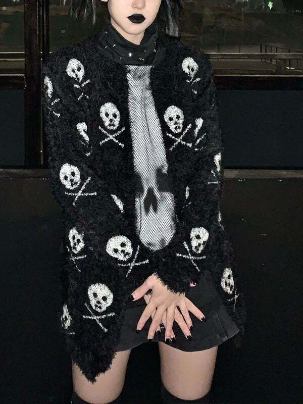 Furry Skull Head Cardigan - Y2K Grunge Aesthetic, Cozy Layer for Cute Outfits