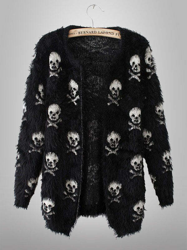 Furry Skull Head Cardigan - Y2K Grunge Aesthetic, Cozy Layer for Cute Outfits