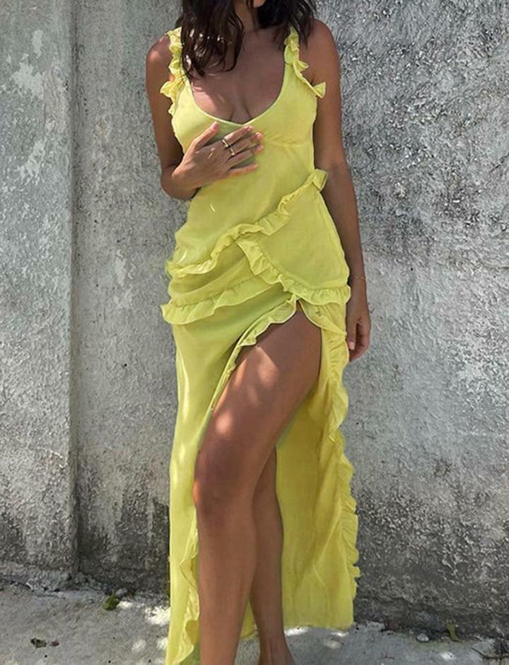 Gathered Ribbon V-Neck Irregular Maxi Dress - Y2K Aesthetic, Coquette Style, Grunge Fashion