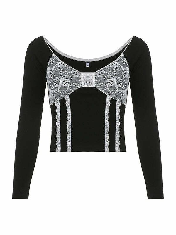 Girl In The Mirror V-neck Lace Top - Y2K Aesthetic Cute Crop Top for Coquette & Grunge Styles