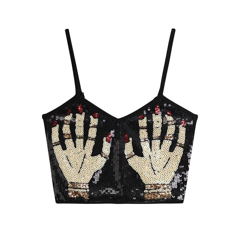 Glitter Backless Cami Top with Palm Pattern - Y2K Aesthetic Cute Crop for Summer Vibes