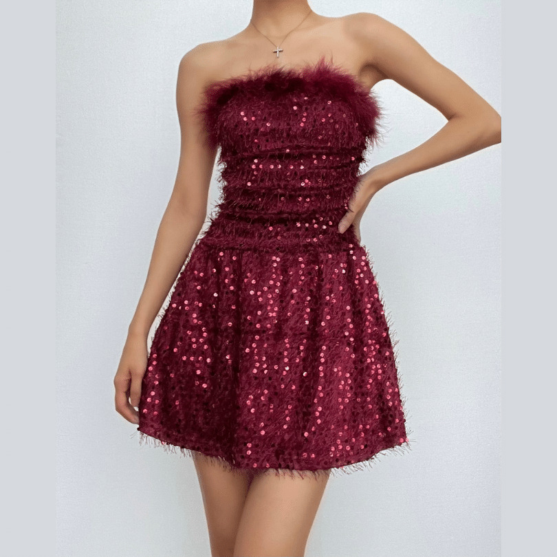 Glitter Backless Feather Tube Mini Dress - Y2K Fashion, Coquette Aesthetic, Cute Party Outfit