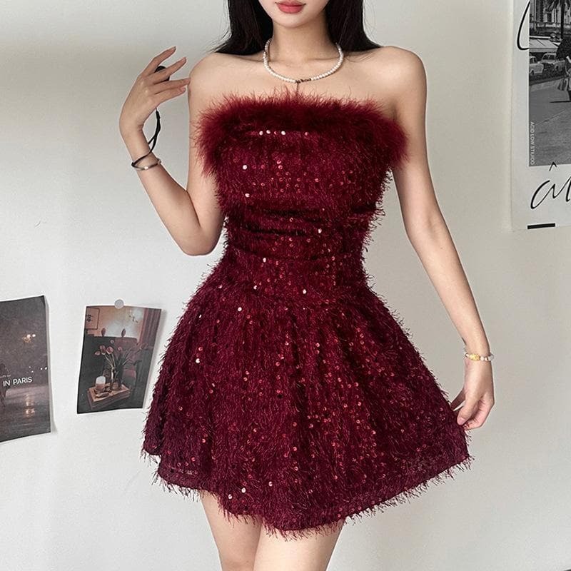 Glitter Backless Feather Tube Mini Dress - Y2K Fashion, Coquette Aesthetic, Cute Party Outfit