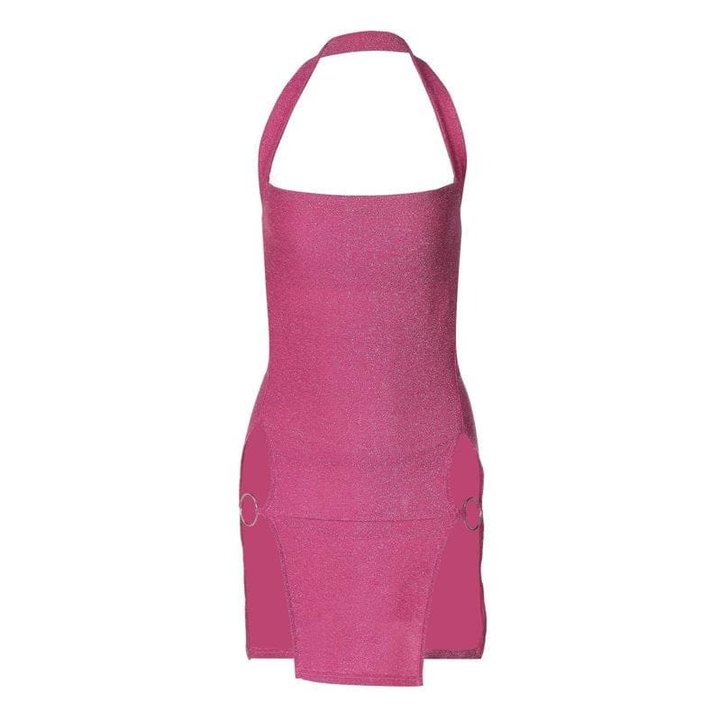 Glitter Backless Halter Mini Dress with O-Ring & High Slit - Y2K Aesthetic Party Dress