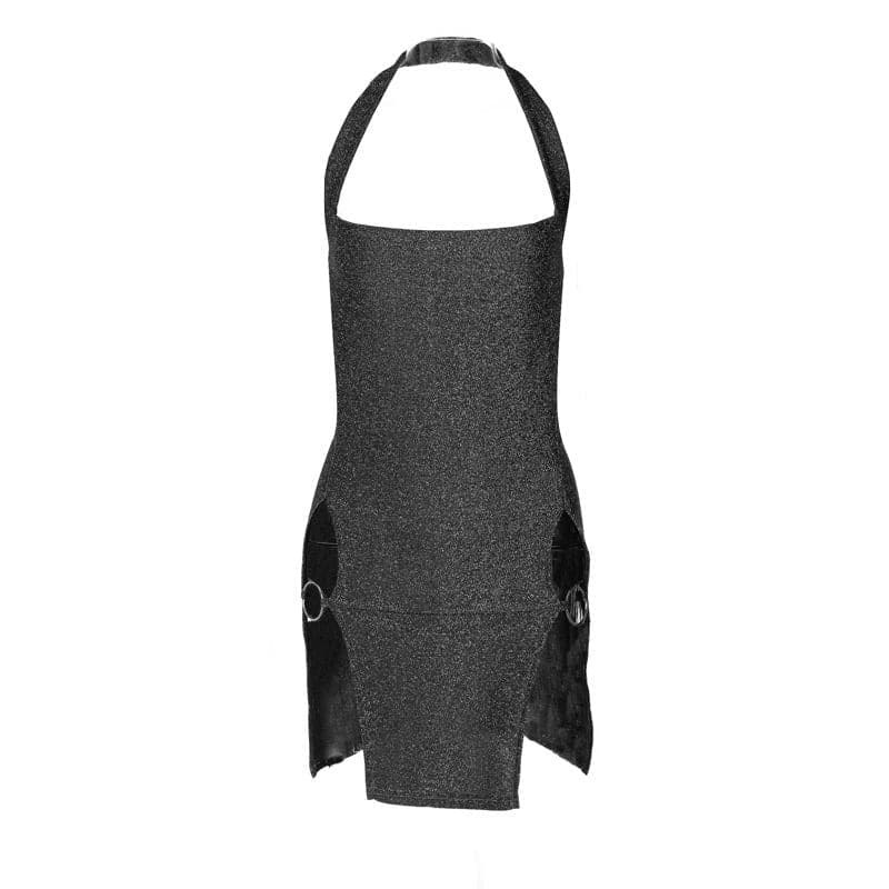 Glitter Backless Halter Mini Dress with O-Ring & High Slit - Y2K Aesthetic Party Dress