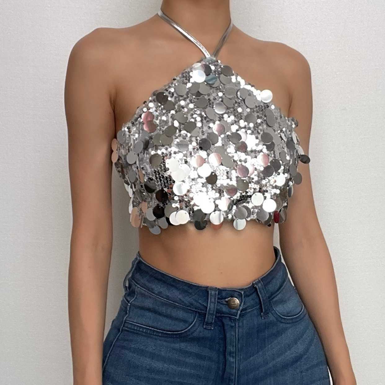 Glitter Backless Textured Halter Crop Top - Y2K Aesthetic Cute Top for Coquette Style