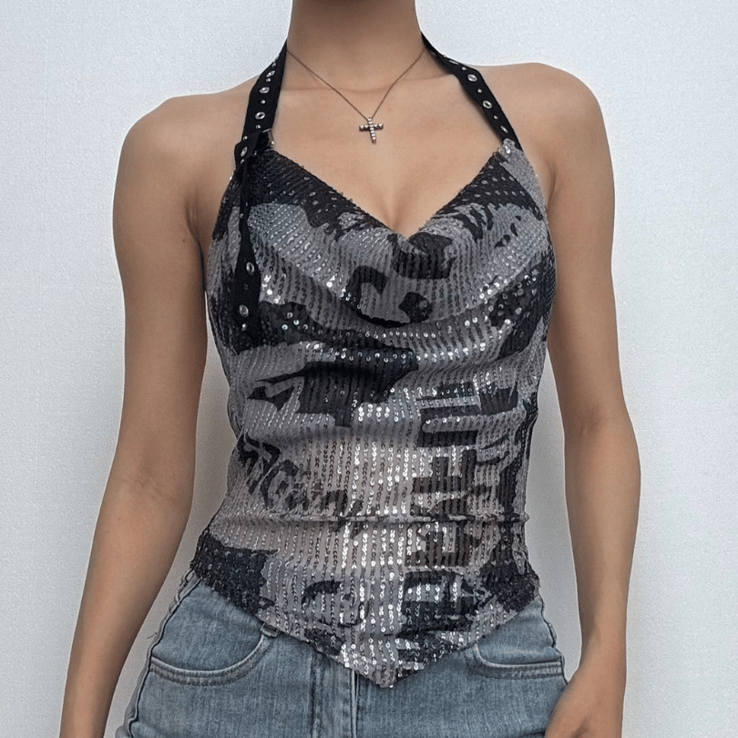 Glitter Buckle Print Halter Cowl Neck Top - Y2K Aesthetic Cute Crop for Coquette Style