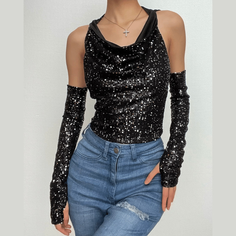 Glitter Cowl Neck Hoodie & Backless Halter Crop Top - Y2K Fashion & Coquette Aesthetic