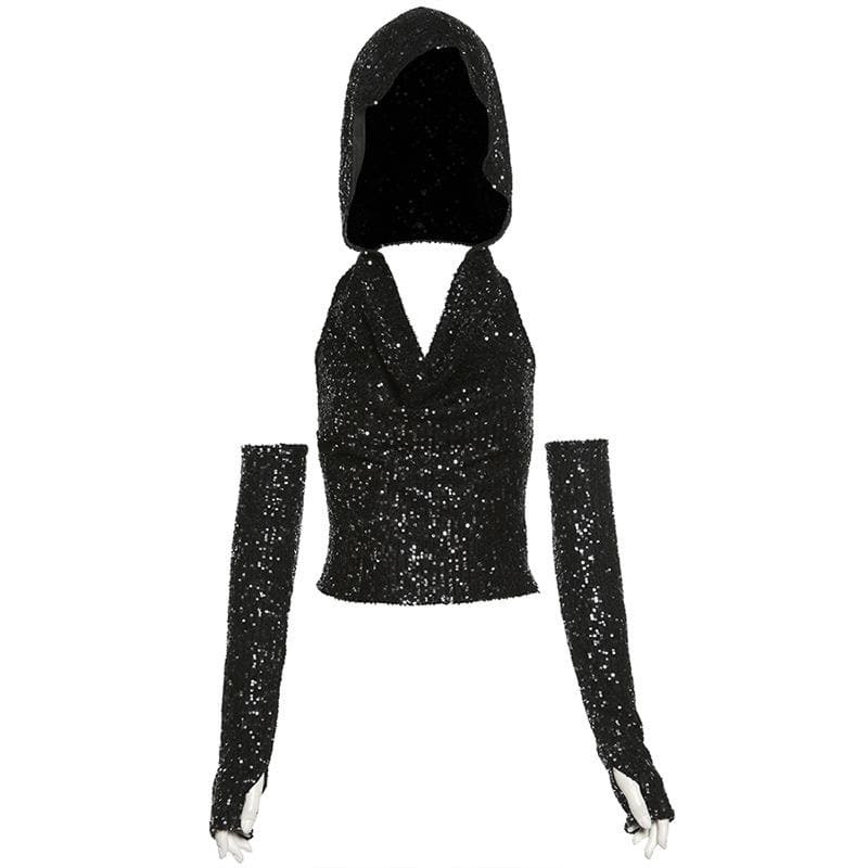 Glitter Cowl Neck Hoodie & Backless Halter Crop Top - Y2K Fashion & Coquette Aesthetic