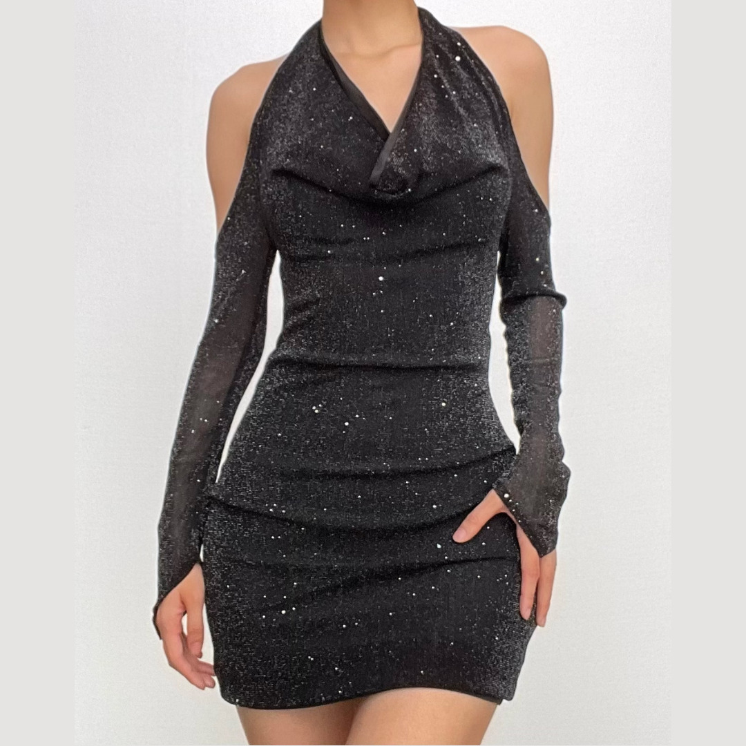 Glitter Mesh Mini Dress - Long Sleeve Off Shoulder Halter for Y2K & Coquette Aesthetic