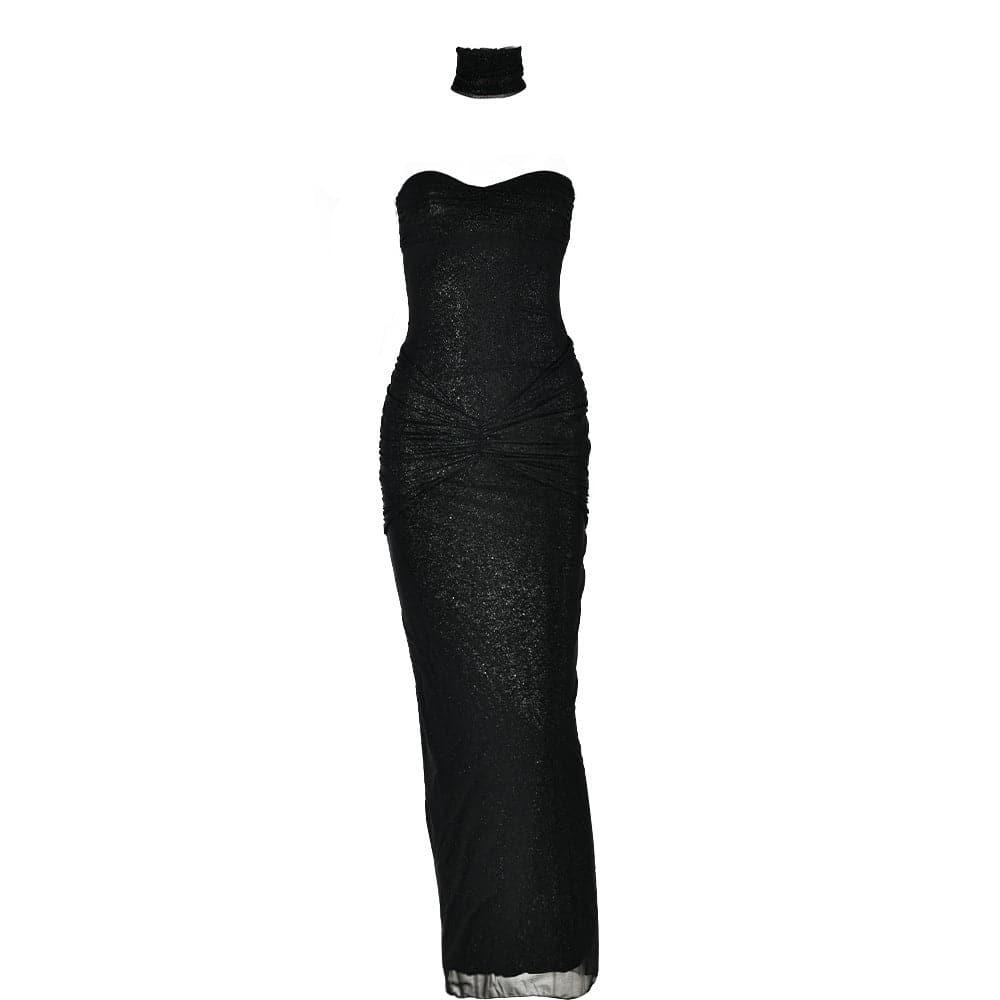Glitter Ruched Sweetheart Neck Y2K Tube Maxi Dress - Coquette & Grunge Aesthetic Outfit