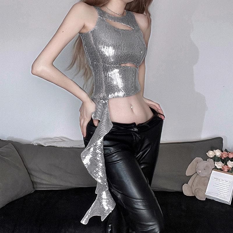 Glitter Ruffle Irregular Cut-Out Crop Top - Y2K Fashion Meets Coquette Aesthetic