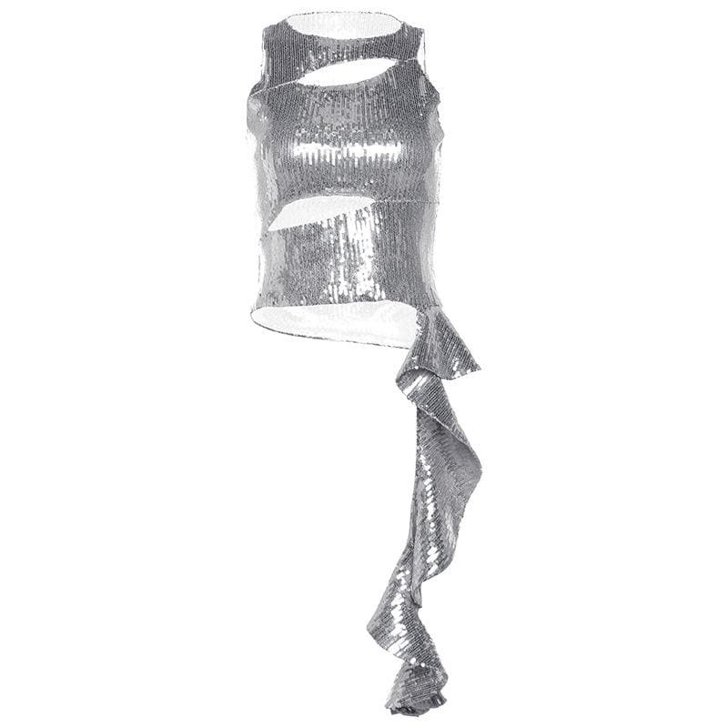 Glitter Ruffle Irregular Cut-Out Crop Top - Y2K Fashion Meets Coquette Aesthetic