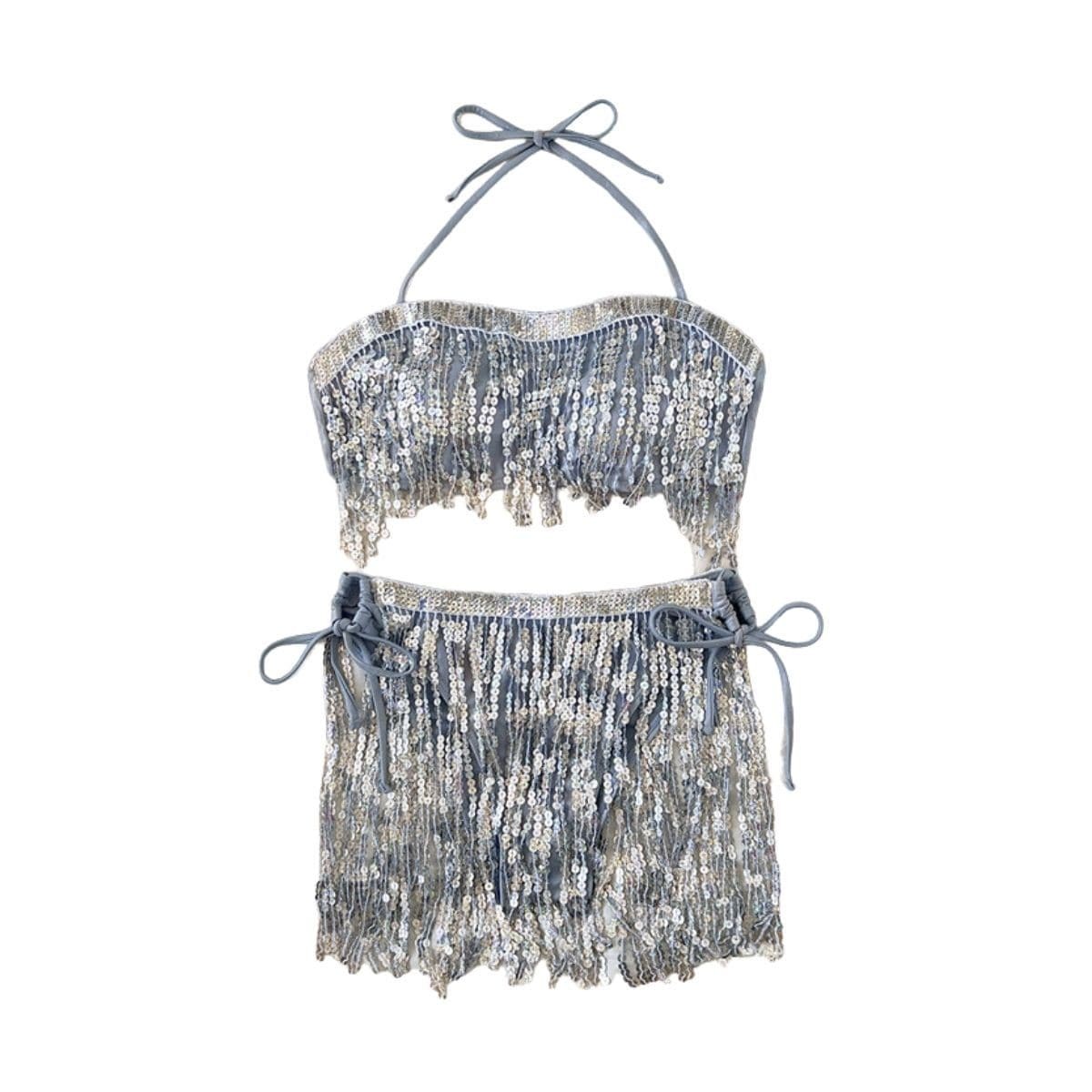 Glitter Tassels Contrast Halter Backless Self-Tie Bikini - Y2K Aesthetic Swimwear