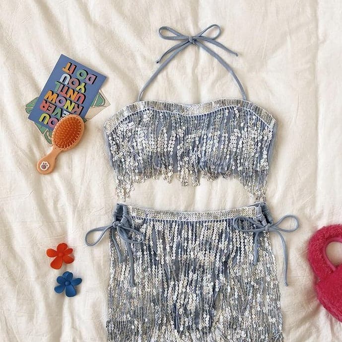 Glitter Tassels Contrast Halter Backless Self-Tie Bikini - Y2K Aesthetic Swimwear