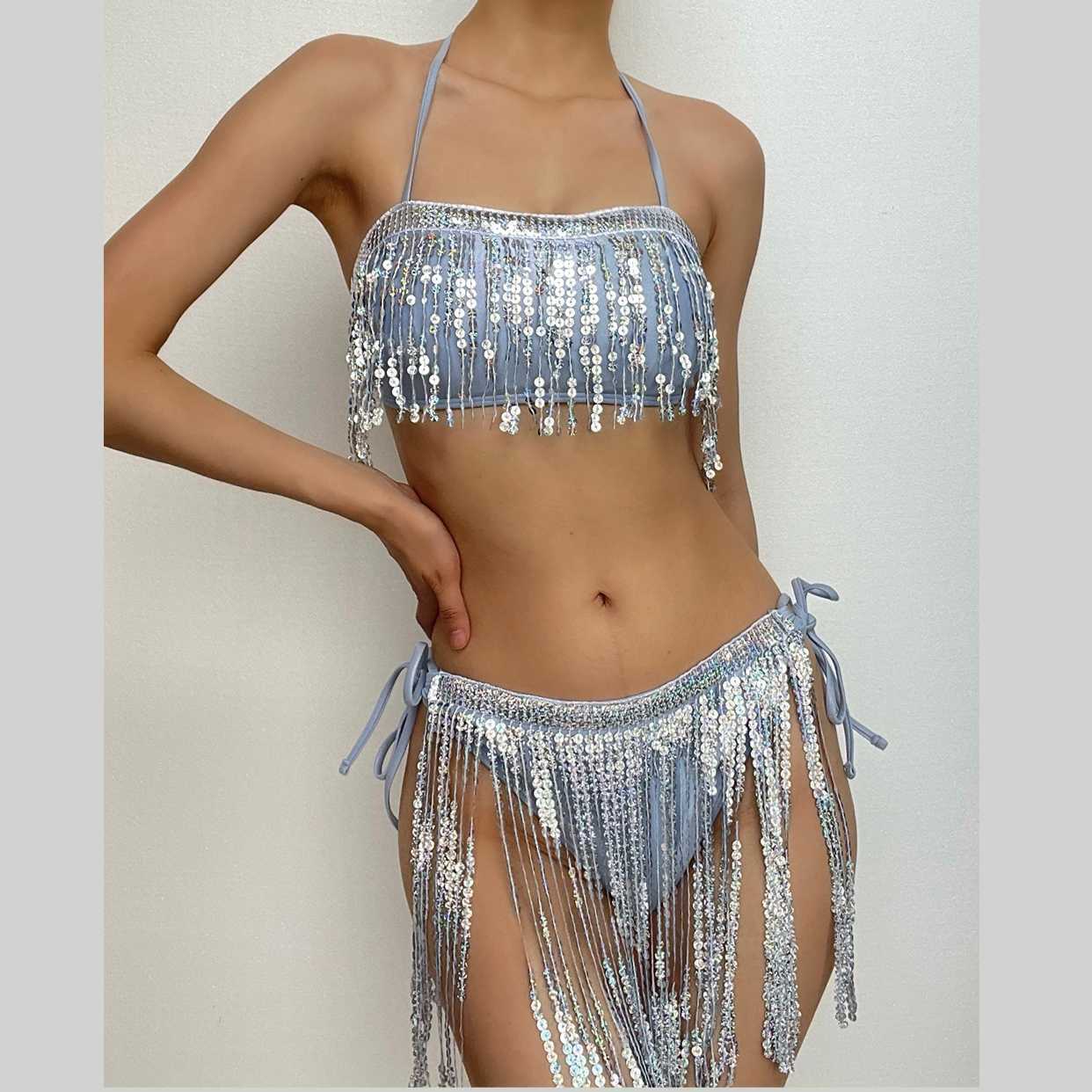 Glitter Tassels Contrast Halter Backless Self-Tie Bikini - Y2K Aesthetic Swimwear