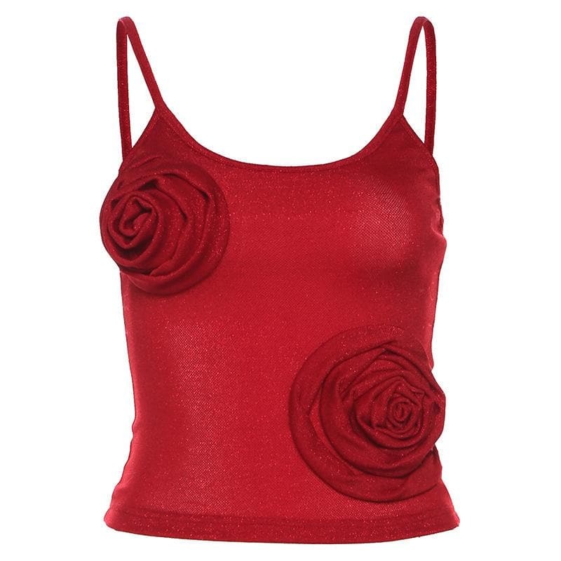 Glitter U-Neck Cami Top with Flower Applique - Y2K Aesthetic Cute Crop Top