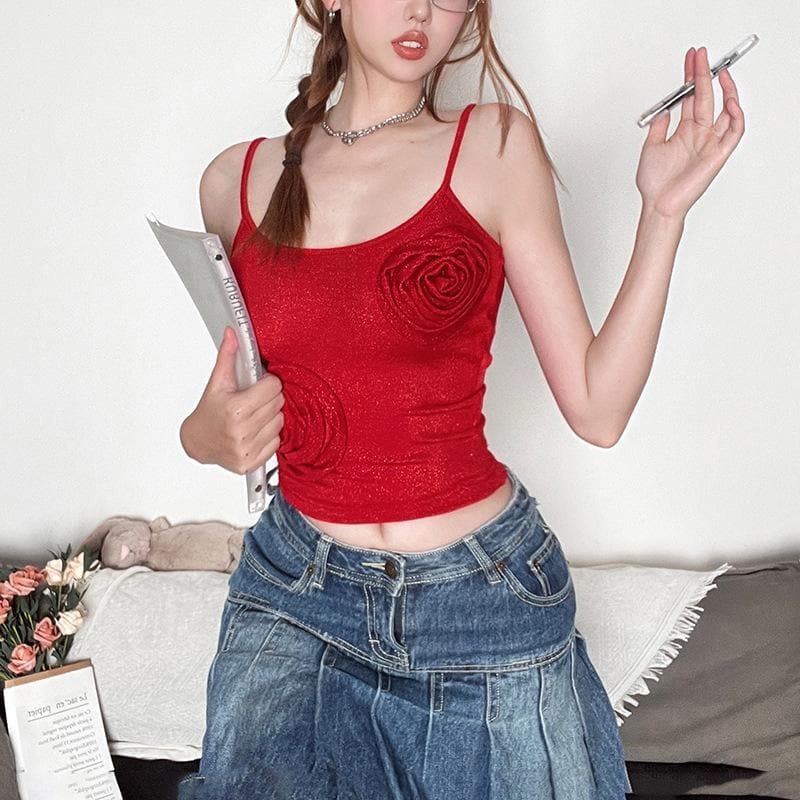Glitter U-Neck Cami Top with Flower Applique - Y2K Aesthetic Cute Crop Top