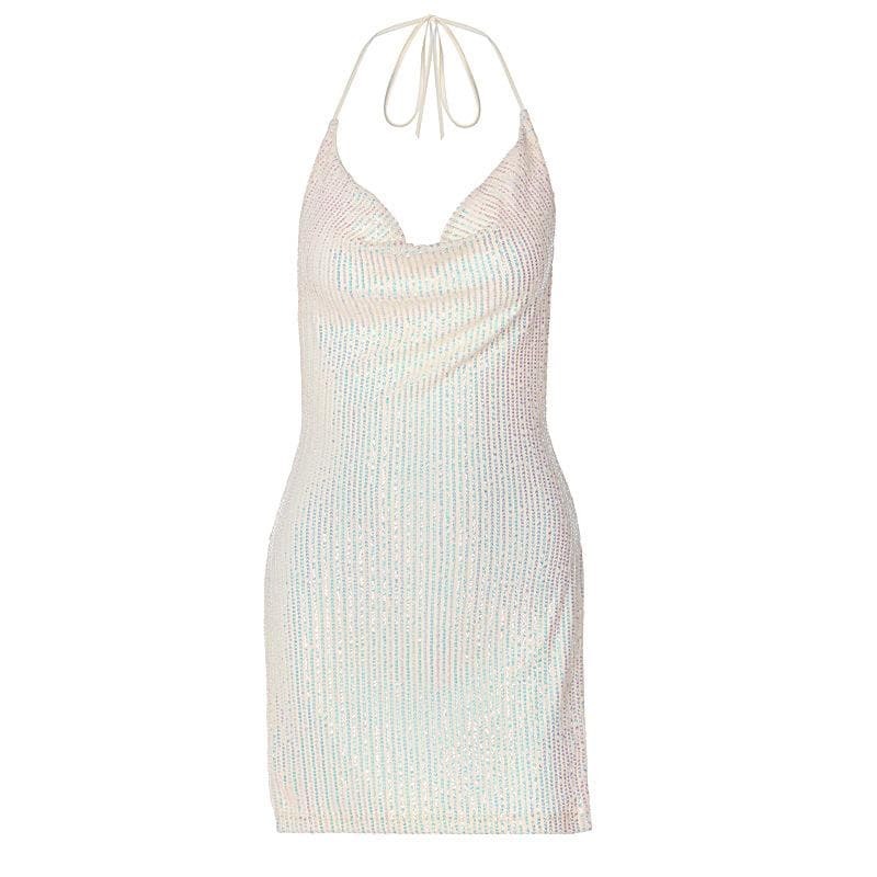 Glittery Cowl Neck Backless Mini Dress - Y2K Aesthetic Party Dress for Chic Nights
