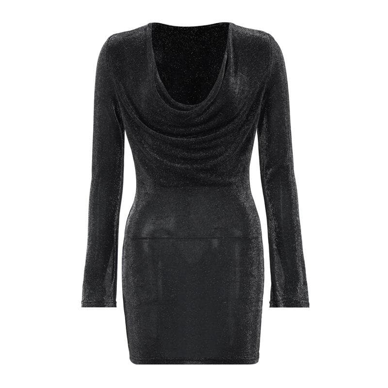 Glittery Cowl Neck Mini Dress - Y2K Aesthetic, Coquette Style, Perfect for Fall Nights