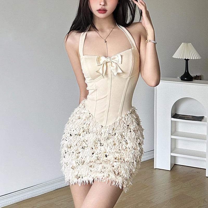 Glittery Halter Bowknot Bustier Mini Dress with Feather & Beaded Details - Y2K Aesthetic